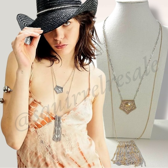 Free People Western Bohemian Passenger Chain Fringe Layered Necklace Silver Gold - Picture 3 of 9
